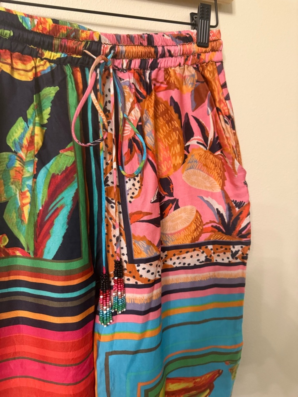 Farm Rio Resort Pants Mixed Scarf Print tropical Tassel Tie High Rise Size S - Picture 4 of 11